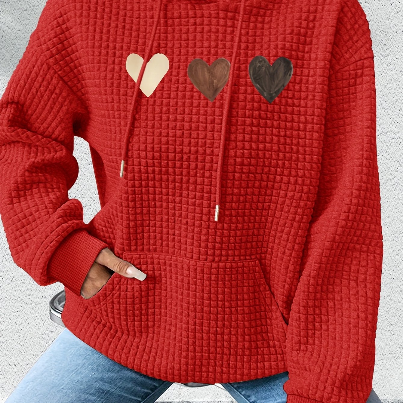 Sudadera de punto waffle con estampado de corazones cómoda para mujeres, con capucha, mangas largas y bolsillo canguro, estilo oversized