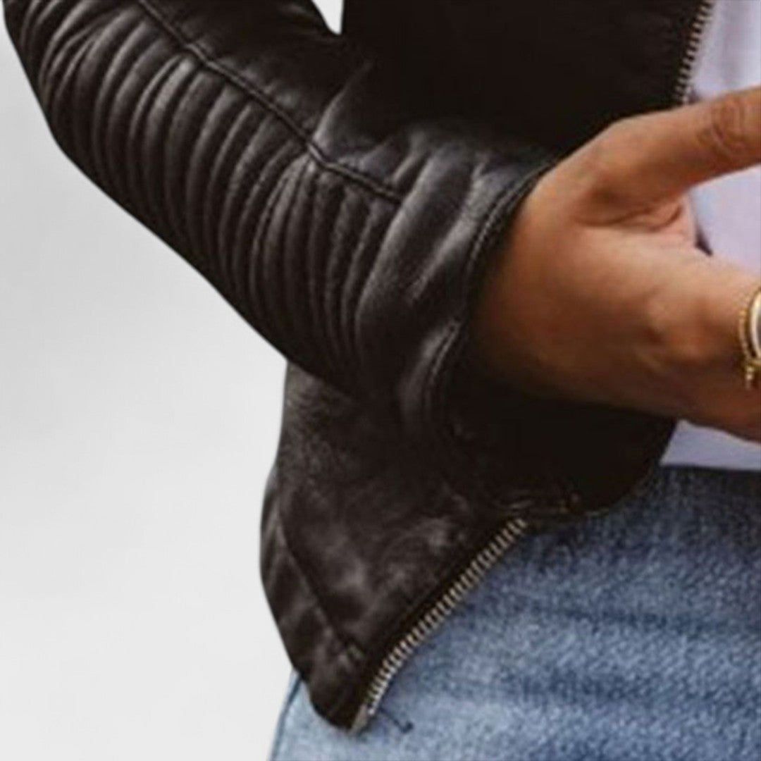Chaqueta de Cuero Negra Elegante para Mujeres con Cuello Alto y Manga Larga Estilo Moto Acolchado