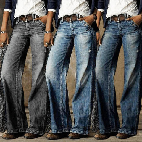 Jeans de pierna ancha desgastados y sin esfuerzo para mujeres con cintura alta, estilo casual y fluido