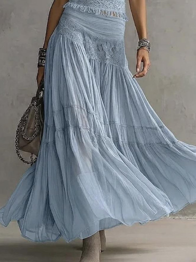 Conjunto de Dos Piezas de Encaje Azul Sin Esfuerzo para Mujeres con Top Corto y Falda Maxi de Volantes Estilo Bohemio