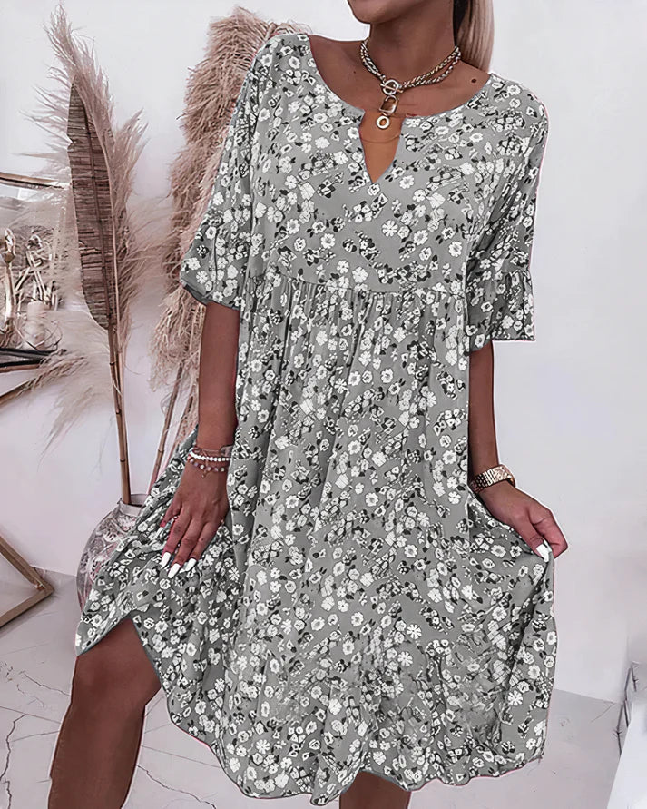Vestido Midi Floral Sin Esfuerzo para Mujeres con Escote en V, Mangas Onduladas, Silueta de Volantes Estilo Bohemio