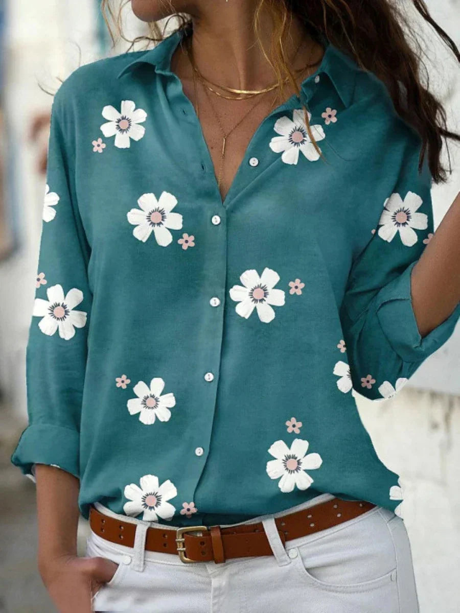 Blusa Floral Sin Esfuerzo para Mujeres con Cuello y Manga Larga Abotonada Estilo Relajado