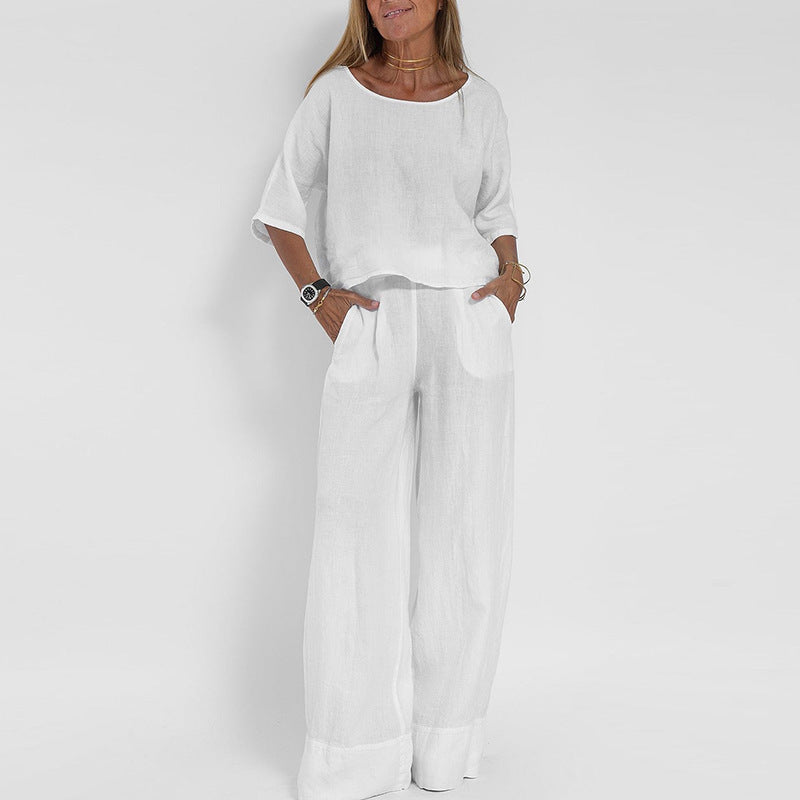 Conjunto de Lino Amplio y Relajado para Mujeres con Cuello Redondo y Mangas de Codo