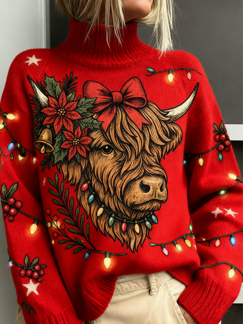 Suéter Cómodo de Vaca de las Tierras Altas Rojas para Mujeres con Cuello Alto, Manga Larga y Estilo Navideño Oversized