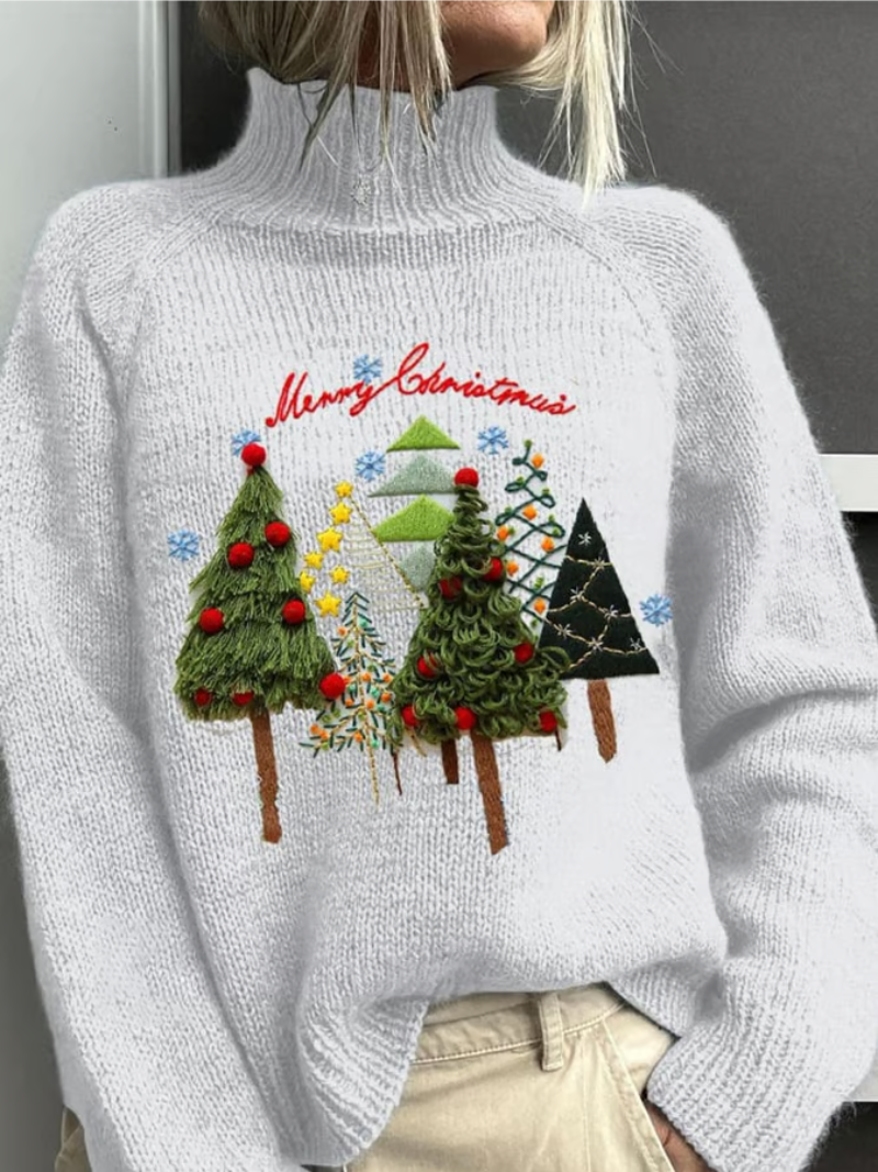 Suéter Blanco de Navidad Cómodo para Mujeres con Cuello Alto y Manga Larga Estilo de Punto Bordado