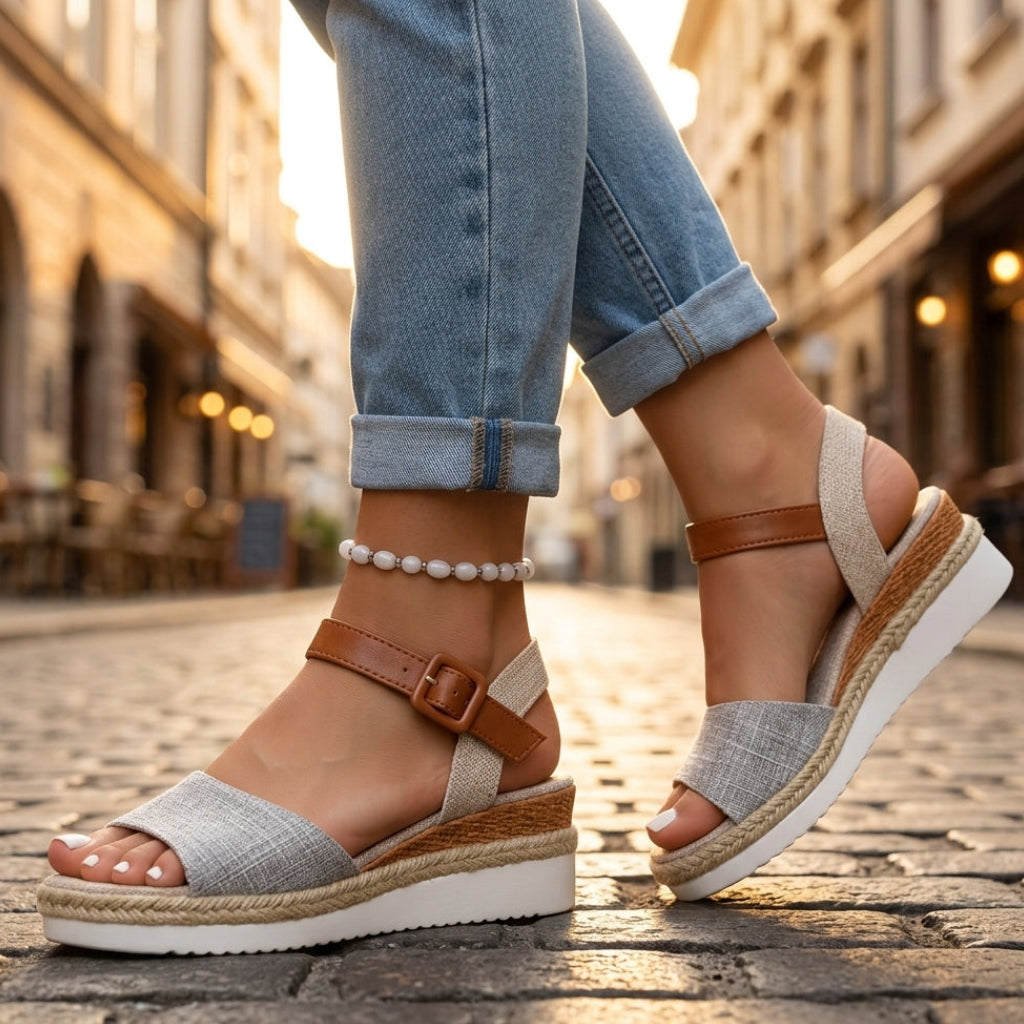 Sandalía Wedge de Espadrille Sin Esfuerzo para Mujeres con Hebilla en el Tobillo y Plataforma Woven Estilo Casual