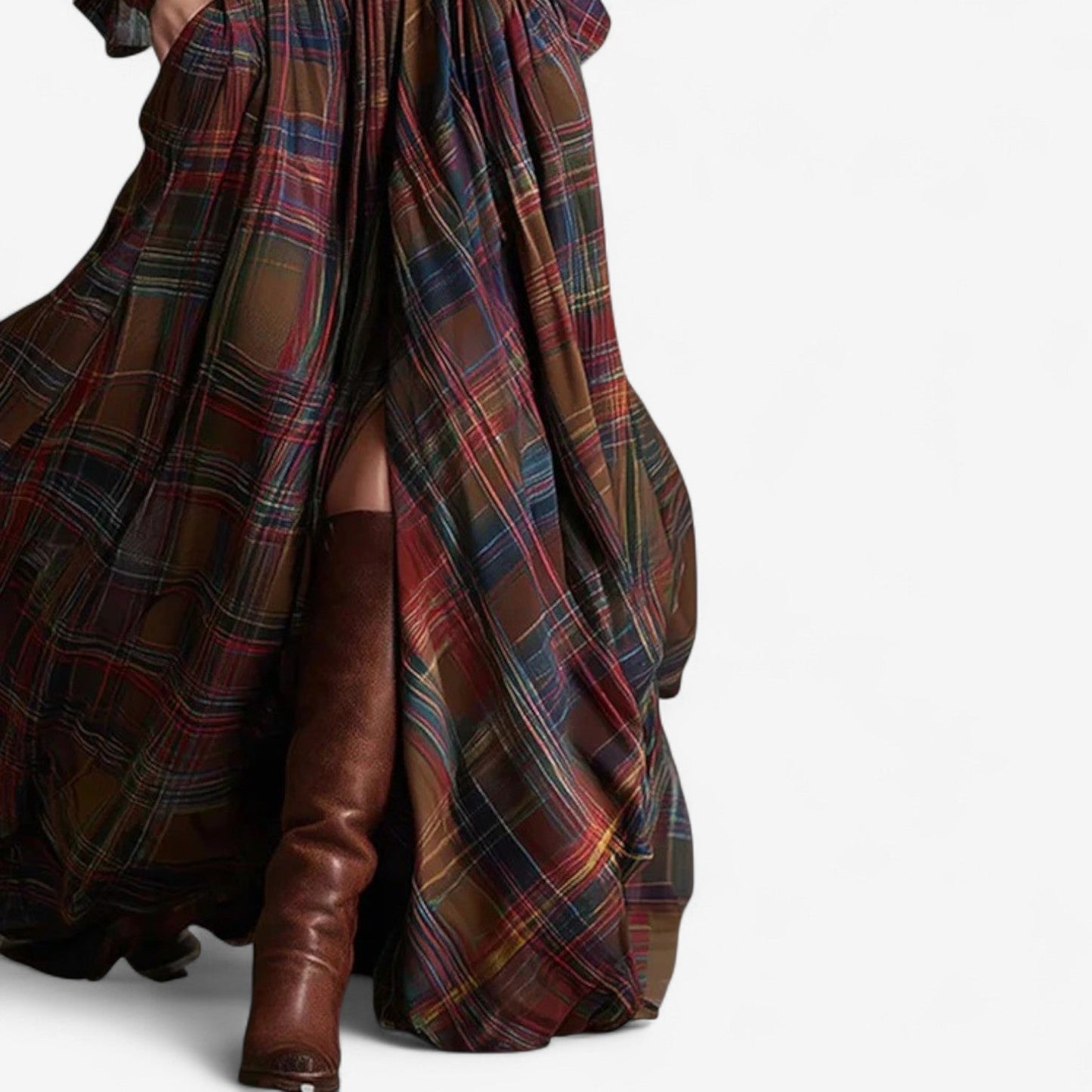 Vestido Camisero Maxi a Cuadros Sin Esfuerzo para Mujeres con Cuello, Manga Larga y Cinturón en Estilo Fluido
