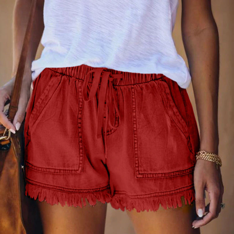Pantalones Cortos Cargo de Denim para Mujeres con Cintura Ajustable y Dobladillo Desgastado Estilo Casual