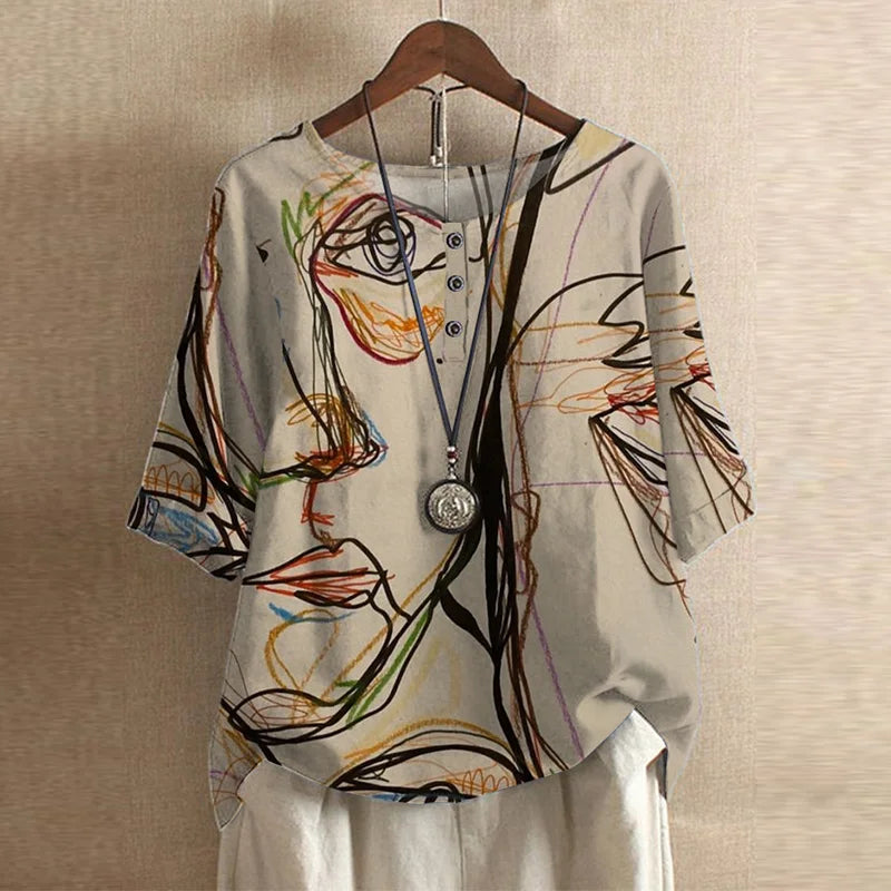 Blusa de Estampado de Parchwork sin Esfuerzo para Mujeres con Cuello Redondo, Manga Corta y Botones al Frente, Estilo Bohemio