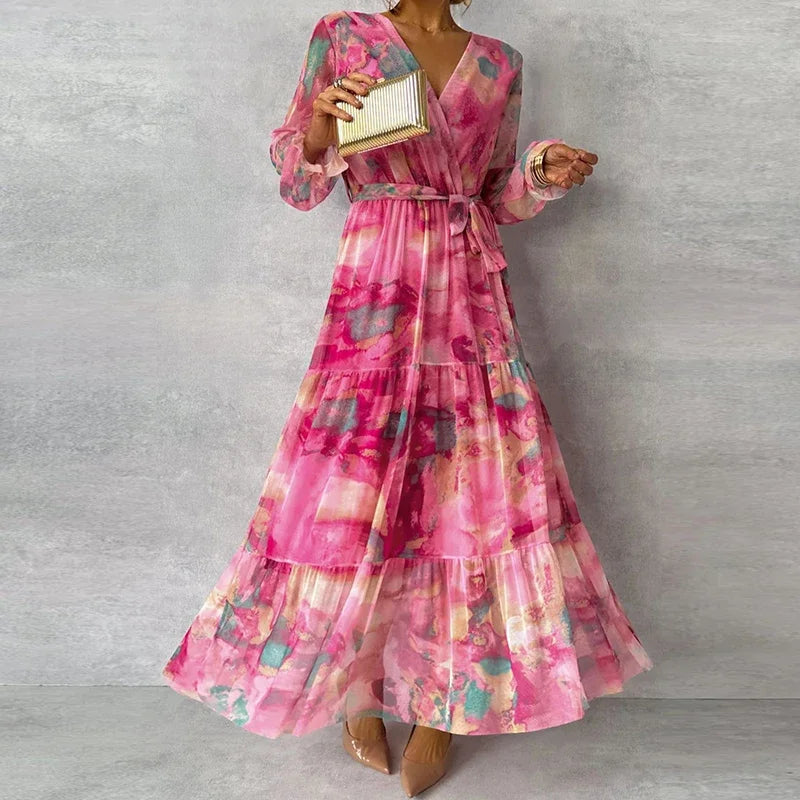 Vestido Maxi de Acuarela Rosa Sin Esfuerzo para Mujeres con Escote en V, Mangas de Campana, Envoltura, Volantes en Estilo Bohemio