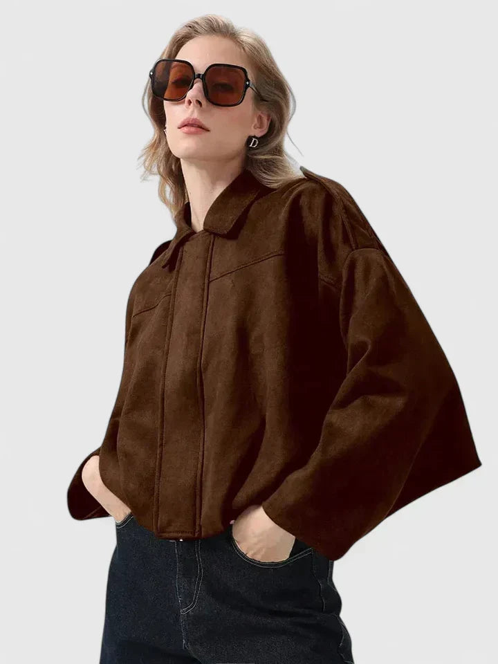 Chaqueta Cortada de Ante Sin Esfuerzo para Mujeres con Cuello, Manga Larga, Dobladillo Burbuja, Estilo Oversized y Relajado