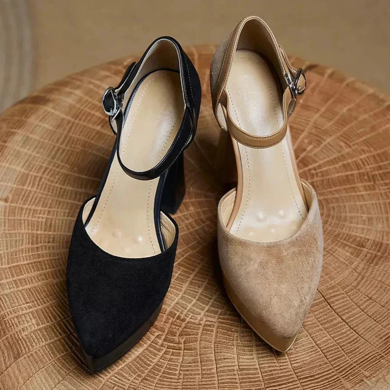 Elegantes Zapatos de Tacón Plataforma de Ante para Mujeres con Correa de Hebilla Mary Jane y Tacón Grueso