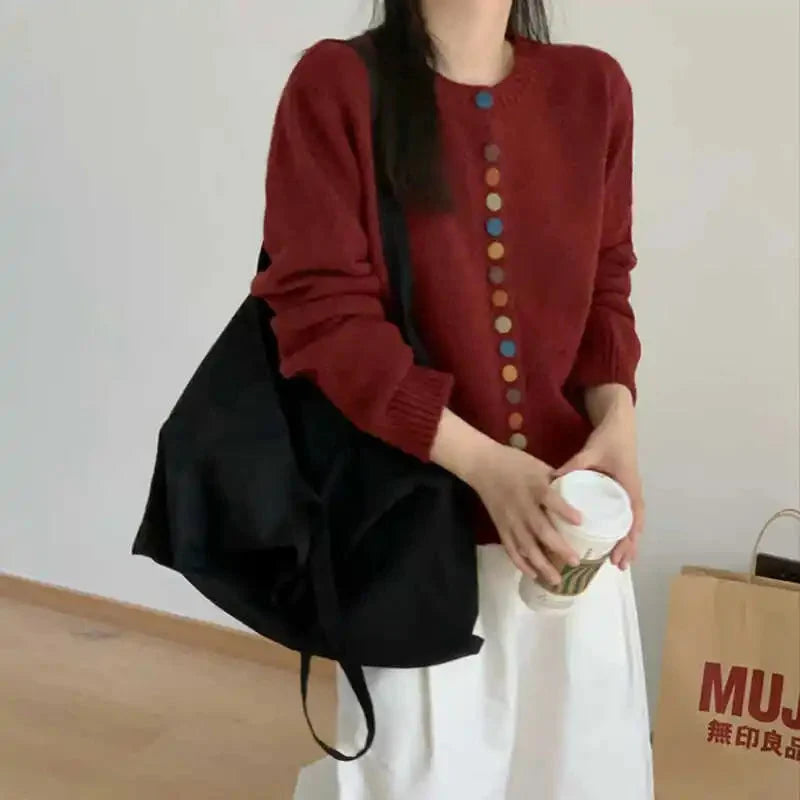 Suéter Cardigan Cómodo para Mujeres con Cuello Redondo, Manga Larga, Botones Frontales, Estilo Relajado y Oversized