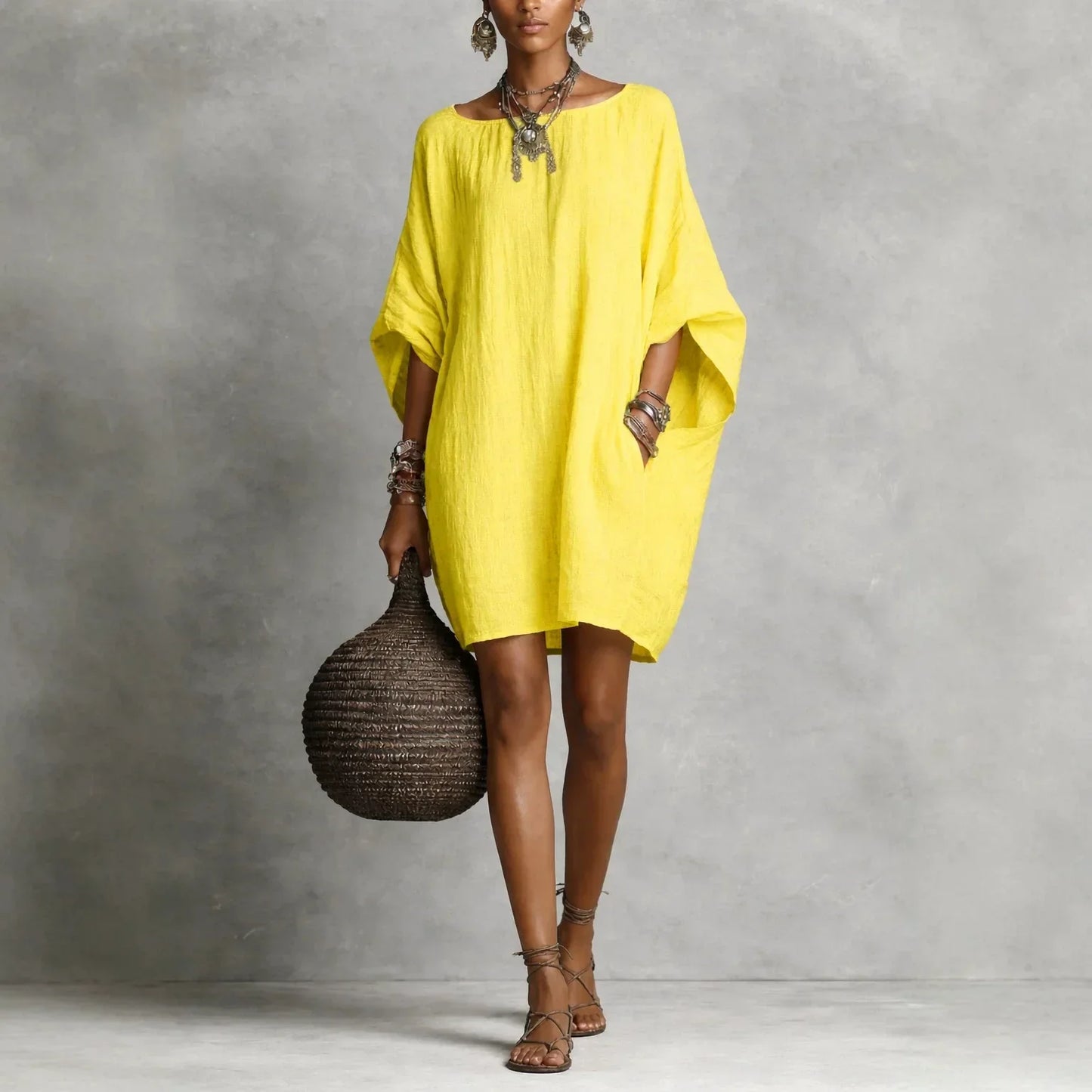 Vestido Mini de Lino Sin Esfuerzo para Mujeres con Cuello Redondo y Manga Murciélago, Estilo Boho Oversized