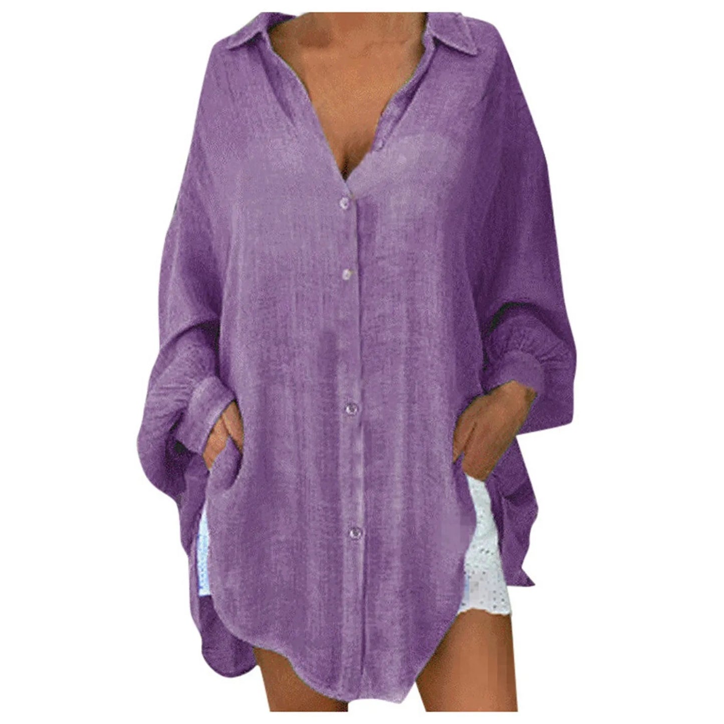 Blusa de Lino con Botones para Mujeres, Sin Esfuerzo, con Cuello, Manga Larga, Oversized, Estilo Relaxado Alto-Bajo