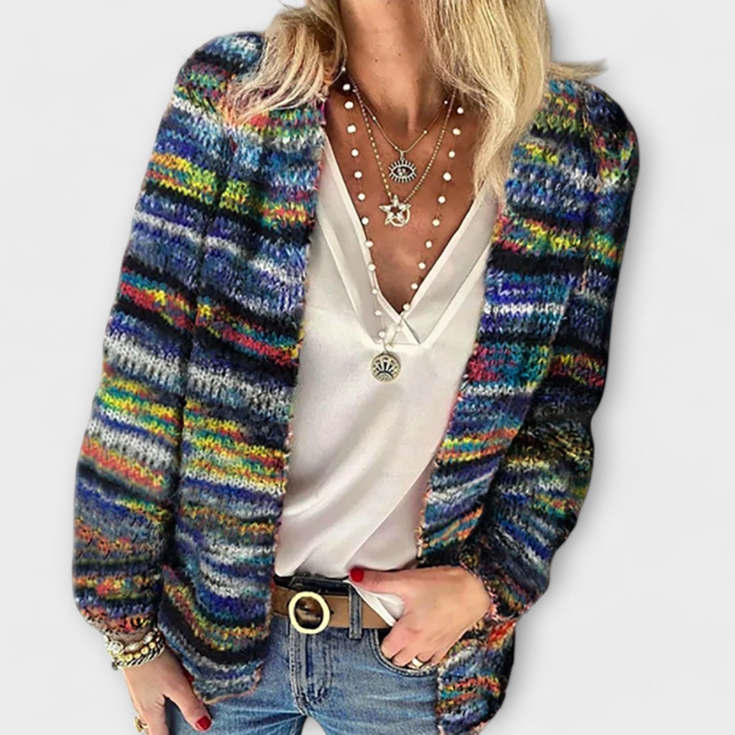 Suéter de Cardigan Rayado Cómodo para Mujeres con Frente Abierto y Mangas Largas de Tejido Grueso Estilo Bohemio