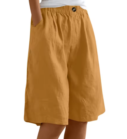 Pantalones Cortos de Lino Verde Oliva para Mujeres con Cintura Elástica, Frente con Botón, Pierna Ancha y Estilo Relajado