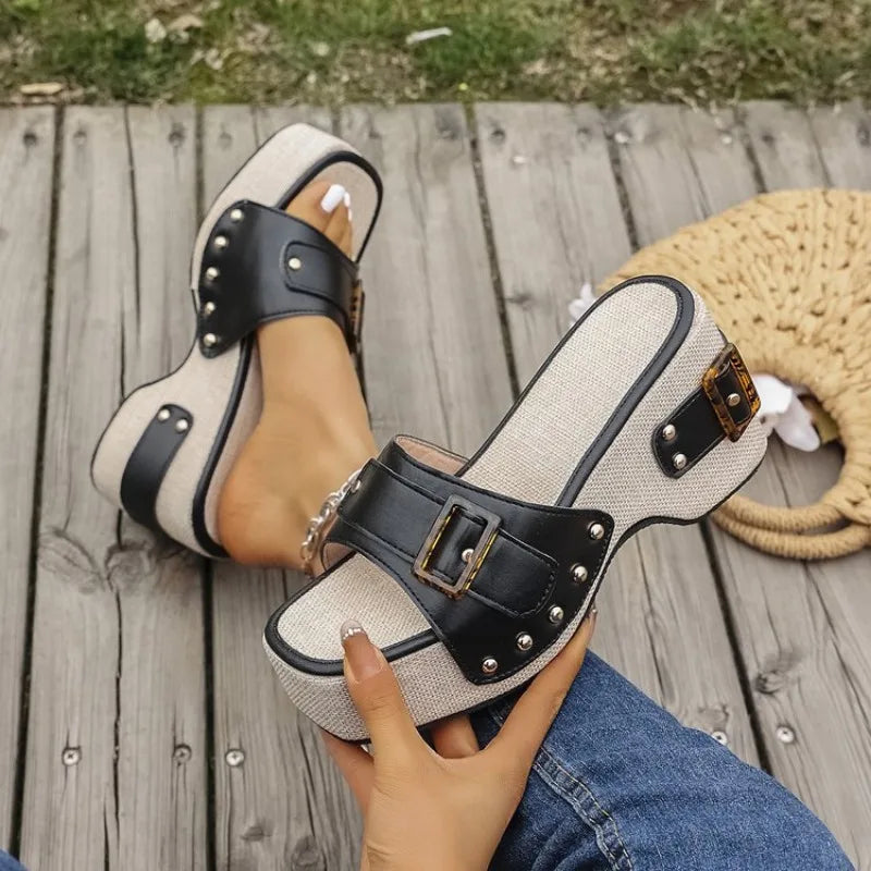 Sandalias de Plataforma Cómodas para Mujeres con Correa Doble y Estilo de Deslizamiento con Aspecto de Madera