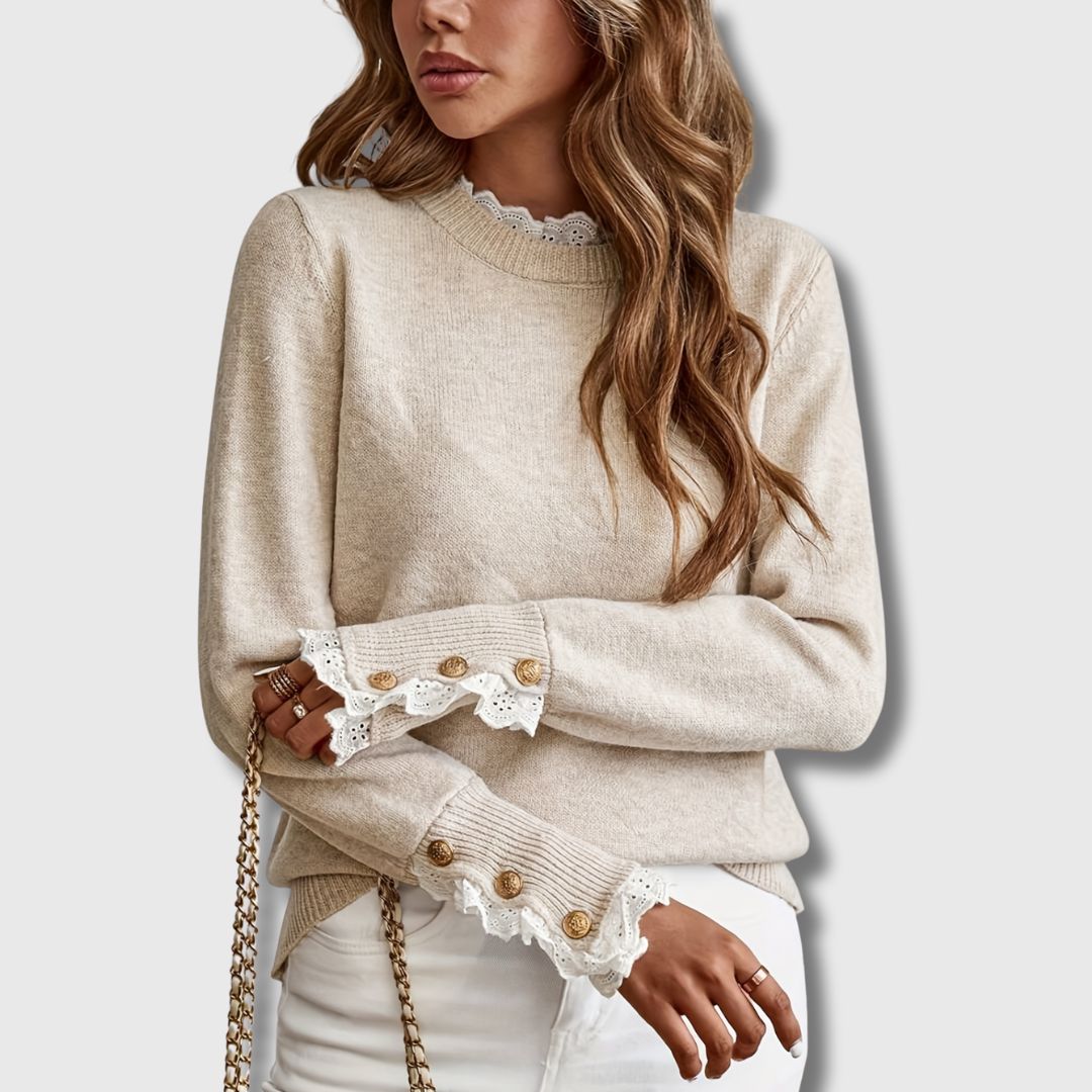 Suéter de Punto de Albaricoque Cómodo para Mujeres con Cuello Alto, Manga Larga, Detalles de Encaje y Puños con Botones, Estilo Relajado