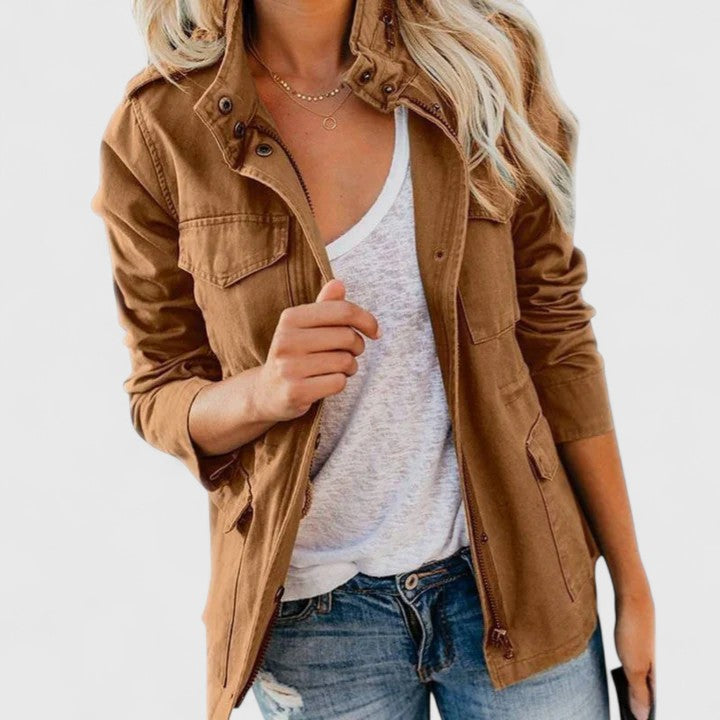 Chaqueta de Utilidad de Algodón sin Esfuerzo para Mujeres con Cuello a Presión, Manga Larga, Bolsillo Cargo, Estilo Casual