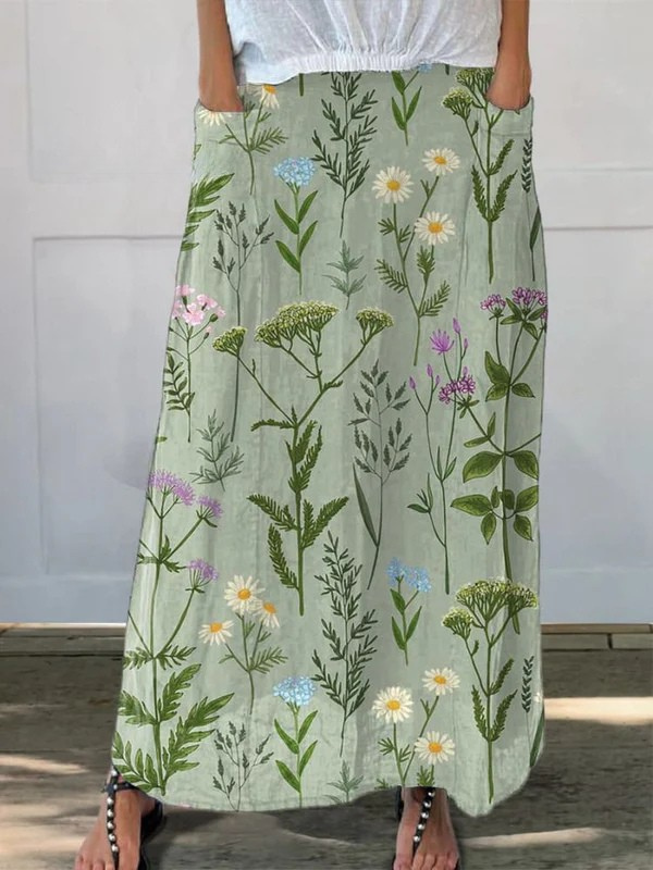Falda Maxi Floral Verde Sin Esfuerzo para Mujeres con Cintura Alta y Estampado Botánico de Estilo Casual