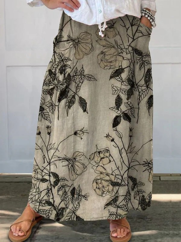 Falda Maxi Floral Caqui Sin Esfuerzo para Mujeres con Cintura Alta y Cordón Ajustable en Estilo Bohemio Relajado