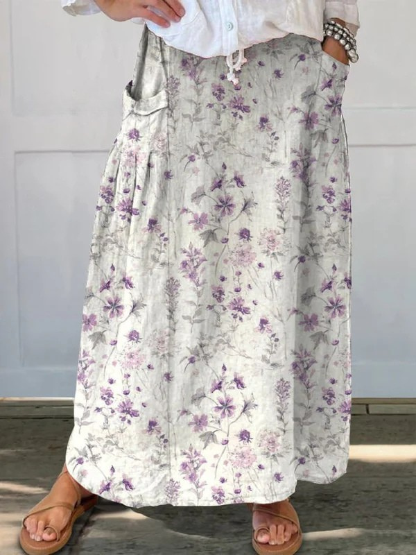 Falda Maxi Floral Blanca Sin Esfuerzo para Mujeres con Cintura Alta, Cordón, Bolsillos y Estilo Bohemio