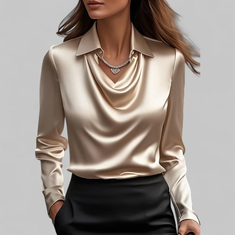 Blusa de Satén Elegante para Mujeres con Cuello de Cowl y Mangas Largas Estilo Sedoso