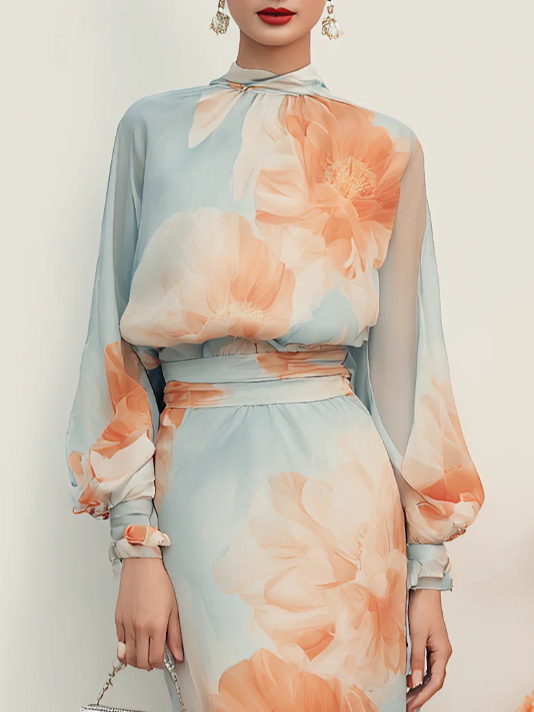 Elegante Vestido Midi Floral Azul Claro para Mujeres con Cuello de Llave y Manga Obispo, Estilo Fluyente para Invitadas de Boda