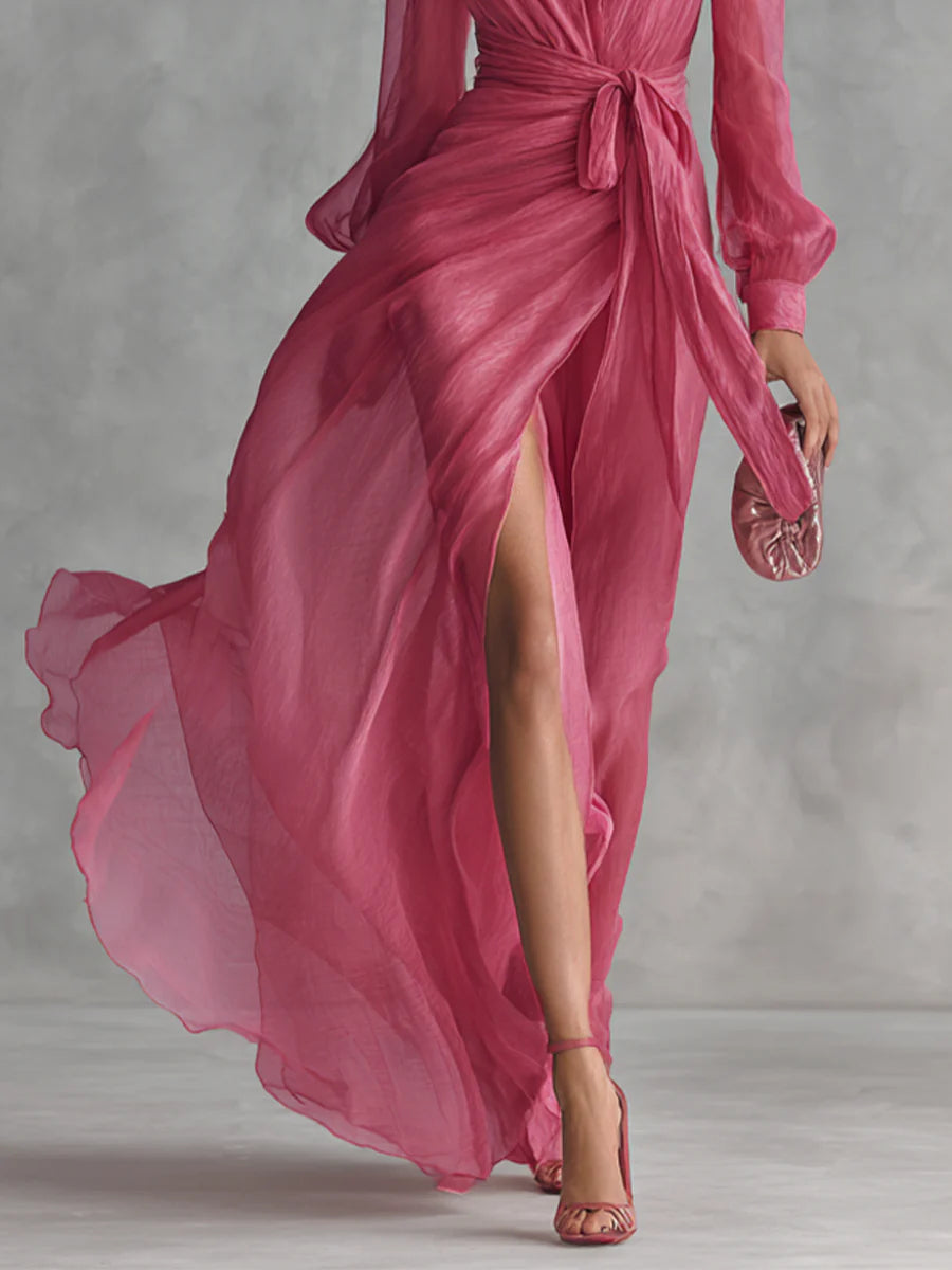 Elegante Vestido Maxi de Chifón Rosa para Mujeres con Escote en V, Mangas Obispo, Cintura Ajustable y Alta Abertura en Estilo Fluido