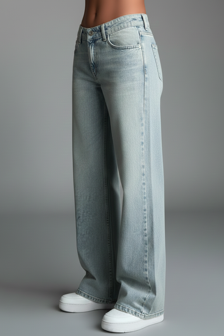 Jeans Elegantes de Color Azul Claro para Mujeres con Detalle de Cintura Alta y Cordón, Estilo Casual de Pierna Ancha