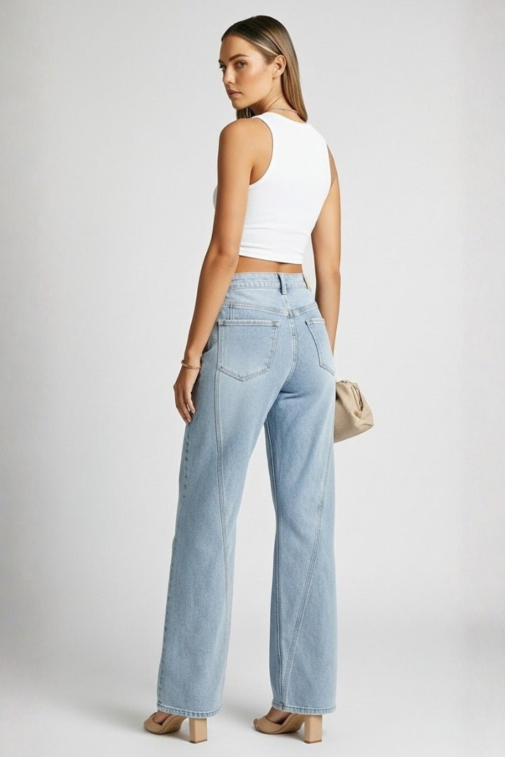 Jeans de Pierna Ancha Azul Relajados y Sin Esfuerzo para Mujeres con Cintura Alta y Estilo Recto