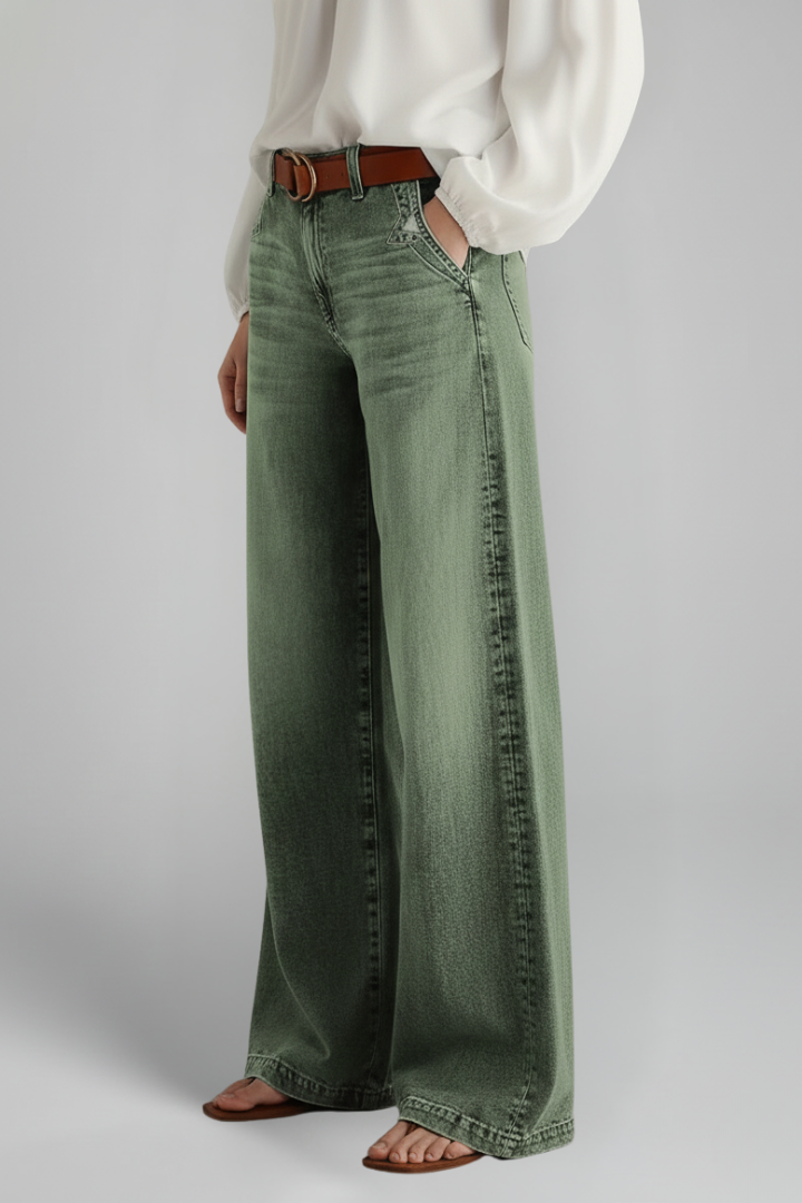 Jeans Verdes Ejército Elegantes para Mujeres con Cintura Alta, Pierna Ancha, Corte Relajado y Estilo Casual