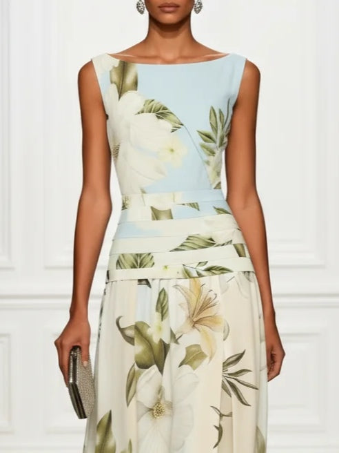 Elegante Vestido Maxi Floral Azul para Mujeres con Cuello Barco, Sin Mangas, Cintura Confeccionada, Estilo Formal para Invitadas de Boda