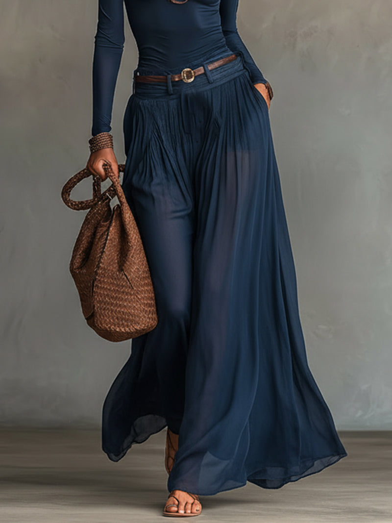 Conjunto de Dos Piezas Sin Esfuerzo en Color Marino para Mujeres con Manga Larga de Un Hombro y Pantalones Anchos de Chiffon