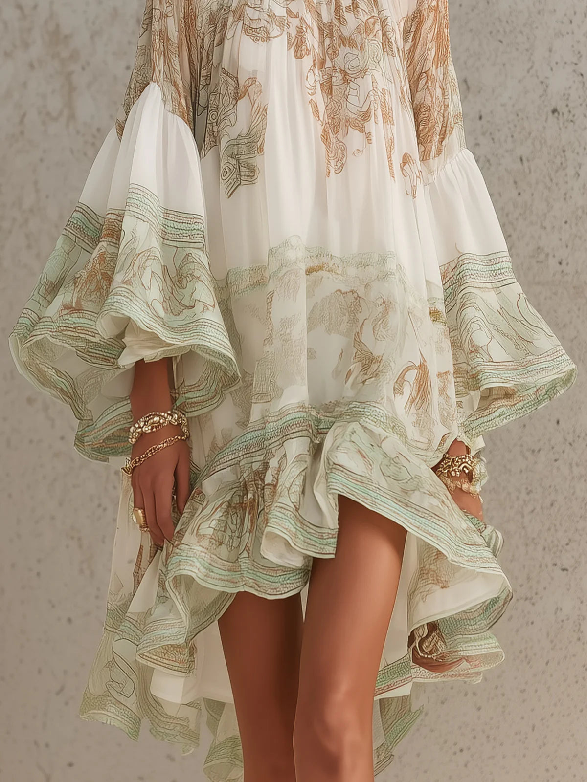 Elegante Vestido Mini Kaftan Impreso Verde para Mujeres con Cuello Alto, Mangas de Campana y Dobladillo Volante de Estilo Bohemio