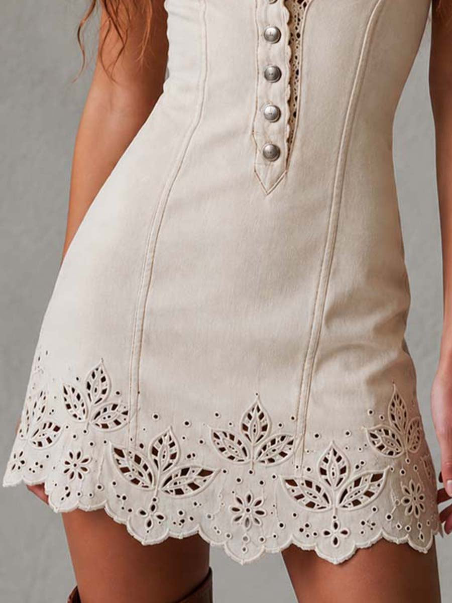 Elegante Vestido Mini de Mezclilla Marfil para Mujeres con Escote en V Sin Mangas y Detalles de Encaje de Crochet Estilo Bohemio