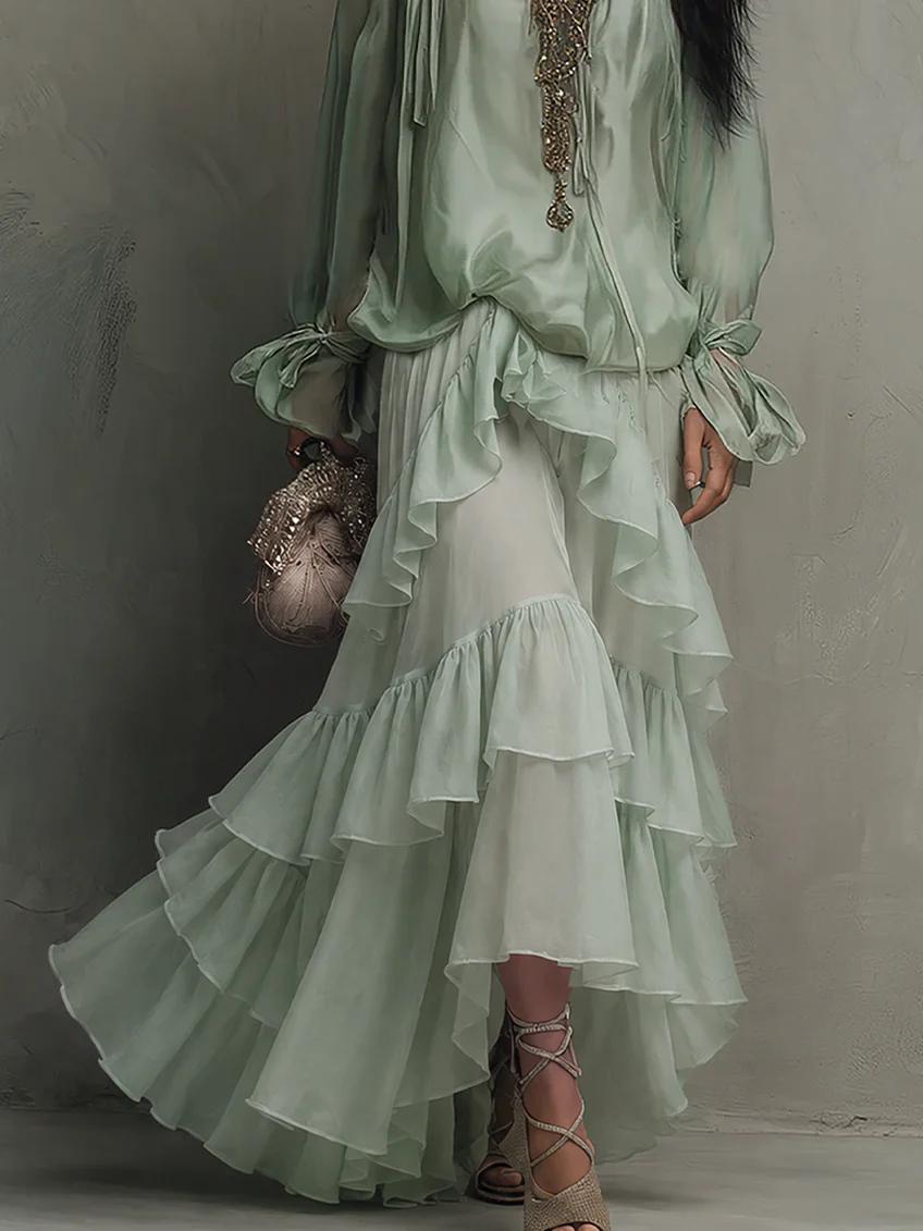 Vestido Maxi Acampanado Verde Menta para Mujeres con Escote Redondeado, Manga Larga, Volantes y Estilo Bohemio