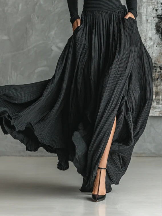 Conjunto Elegante de Falda Maxi Plisada Negra para Mujeres con Cuello Alto, Manga Larga y Pantalón Amplio de Dos Piezas