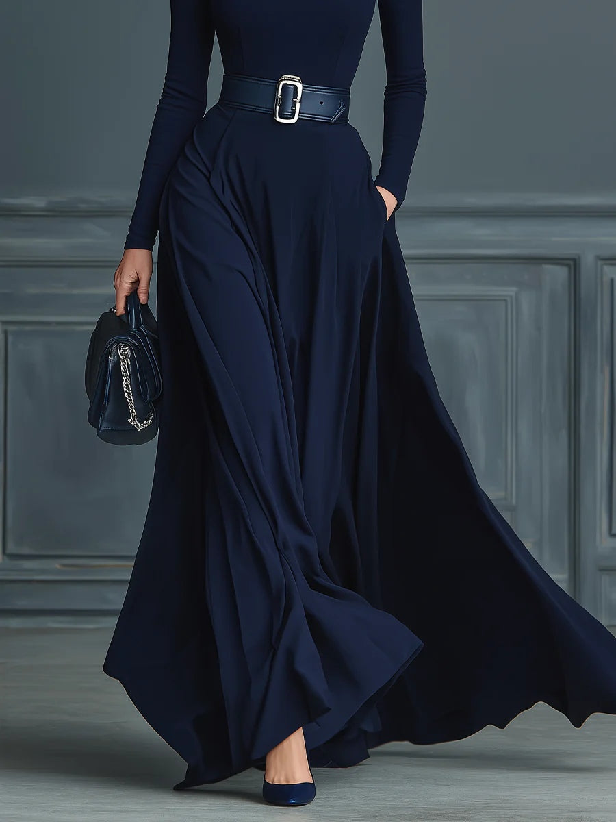Elegante Vestido Maxi Azul Oscuro para Mujeres con Cuello Alto, Manga Larga y Cinturón en Estilo Fluido
