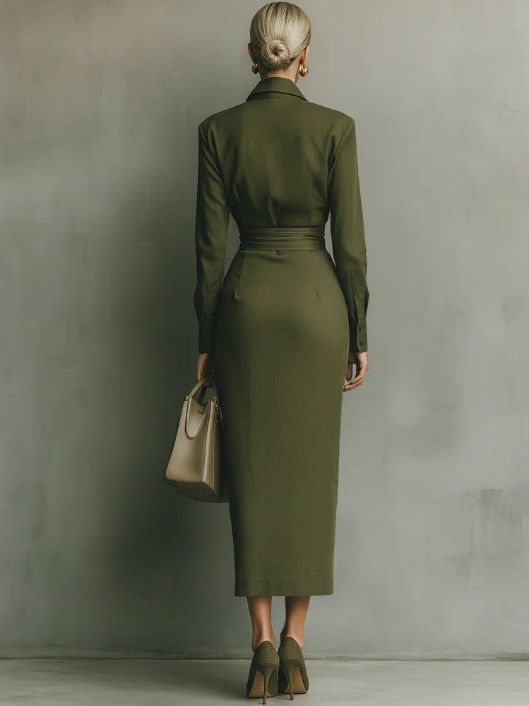 Elegante Vestido Camisero Verde Militar para Mujeres con Cuello, Manga Larga y Estilo Midi Drapado