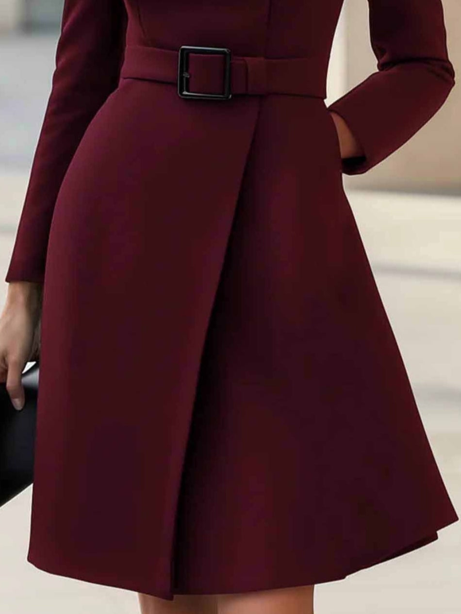 Vestido Midi Envolvente Elegante con Cinturón para Mujeres con Cuello Alto y Manga Larga, Estilo Asimétrico y a Medida