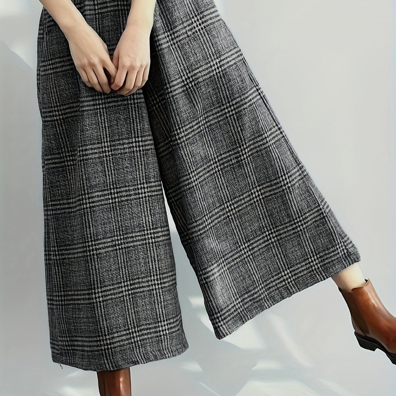 Pantalones Culotte de Cuadros Amplios para Mujer con Cintura Alta Elástica, Estilo Casual Relajado