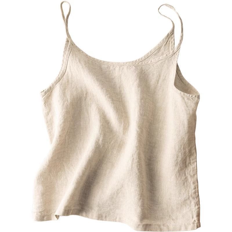 Top sin mangas de lino para mujer con escote redondeado, estilo casual y relajado