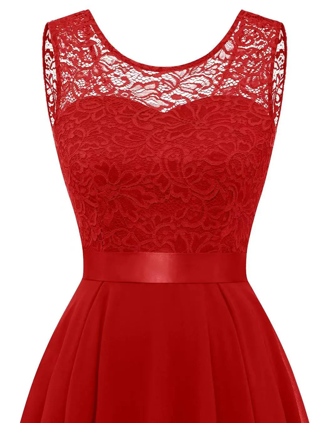 Vestido Elegante de Encaje Alto-Bajo para Mujeres con Cuello Redondo, Sin Mangas, Estilo Formal para Invitadas de Boda