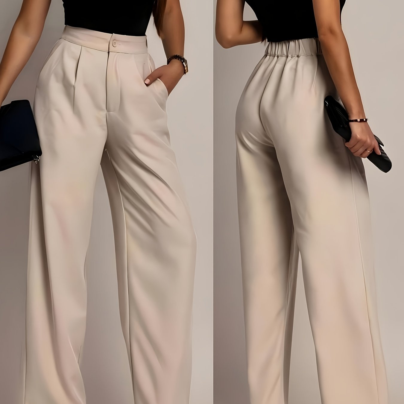Pantalones de Pierna Ancha Sin Esfuerzo para Mujeres con Cintura Alta y Frente Plisado en Estilo Relajado y Ajustado