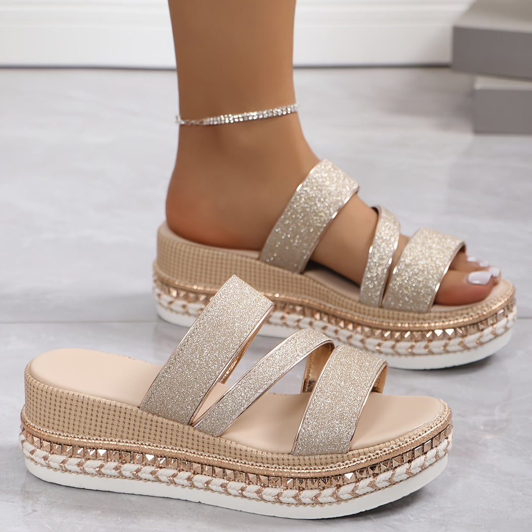 Sandalias de Plataforma de Oro Cómodas para Mujeres con Doble Correa Estilo Espadrille Trenzado