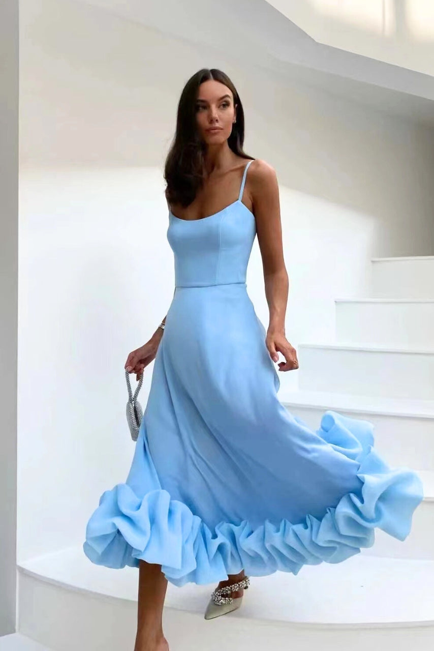 Vestido Midi Elegante con Volantes para Mujeres con Cuello Cuadrado y Tirantes de Espagueti Estilo A Línea para Invitadas de Boda
