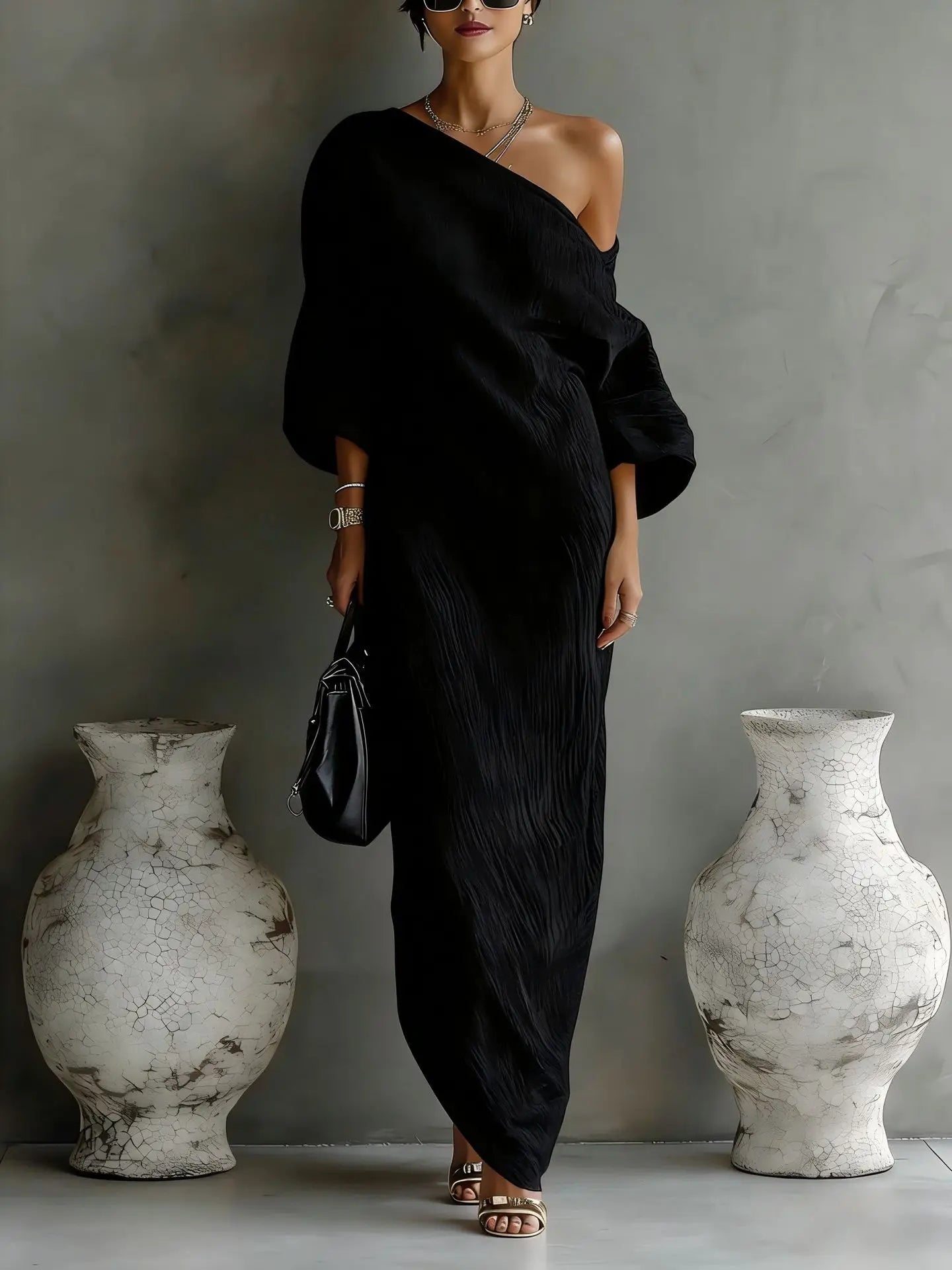 Vestido Maxi de Lino Sin Esfuerzo para Mujeres con Manga Batwing de Un Hombro y Estilo Drapado y Fluyente