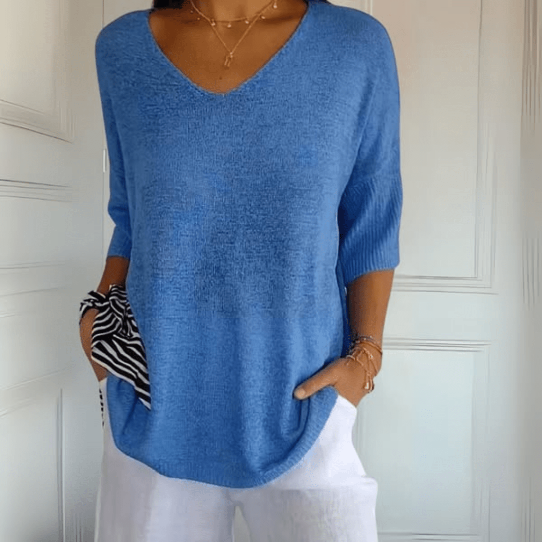 Suéter de Punto Cómodo para Mujeres con Cuello en V y Manga Corta Relajada de Estilo Oversized